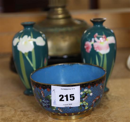 Pair cloisonne enamel vases and similar bowl(-)